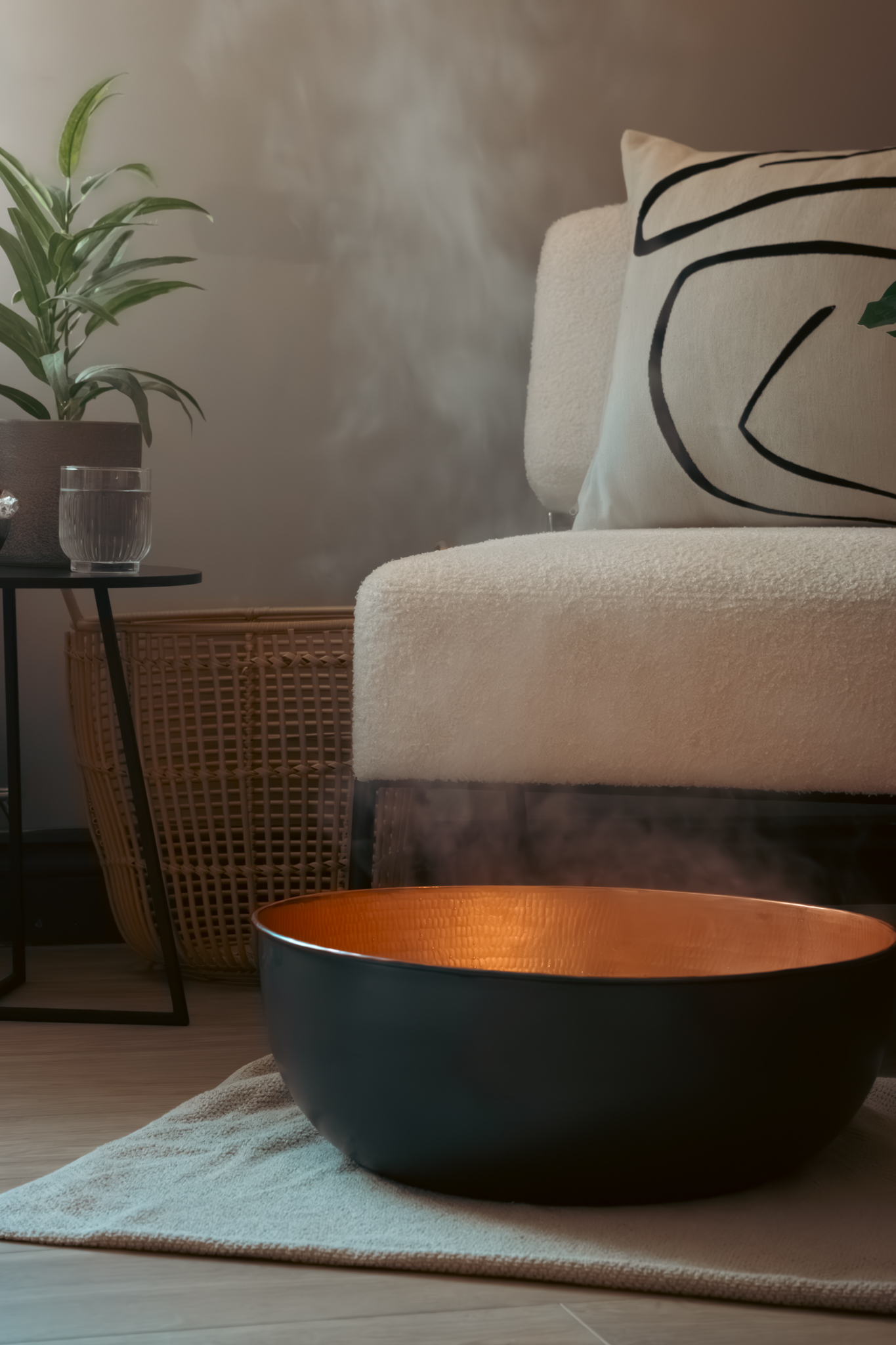 A steaming copper foot soak bowl by the armchair