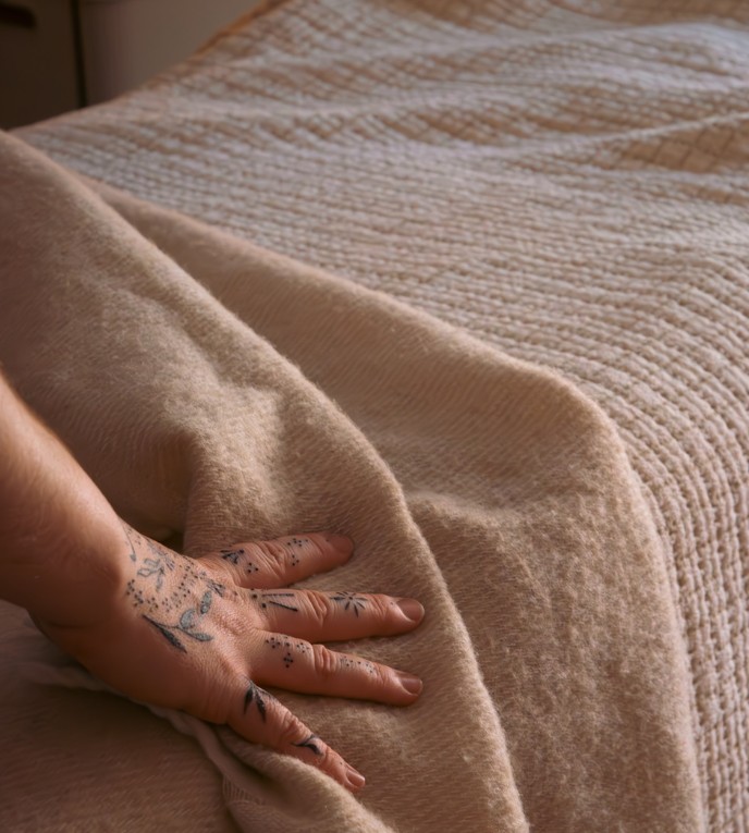 A tattooed hand resting on the knitted blanket of the treatment bed